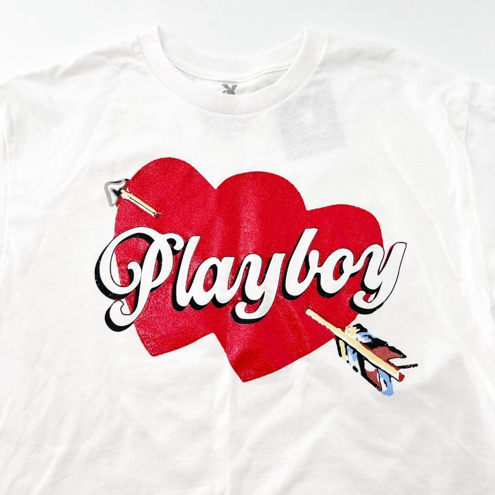 Playboy Heart Raw-Cut Hem Crop White T-shirt Top Size M NWT - Picture 3 of 7